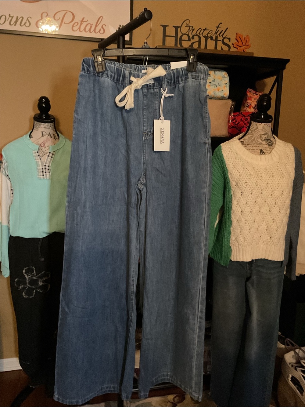 Zenana  Light Blue Wide-Leg Drawstring Jeans